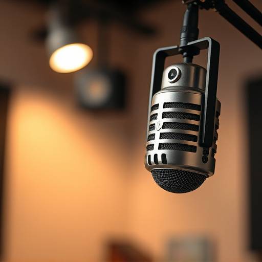 Close-up of a microphone in a podcast studio
