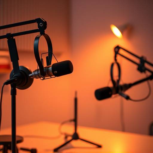 Podcast recording setup with microphones and headphones
