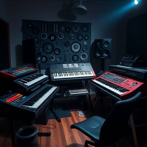 Synthesizers and audio equipment in a studio environment